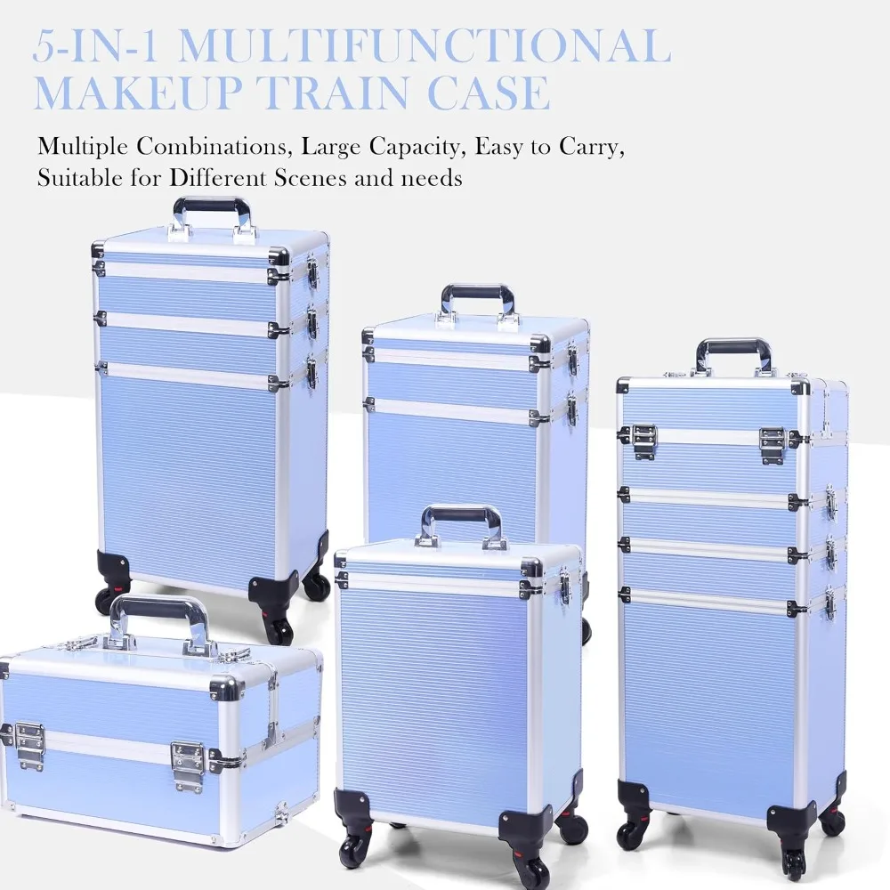 5-in-1 Rolling Makeup Train Case, Large Professional Cosmetic Trolley with 360° Swivel Wheels, Lockable Aluminum Travel Case for Artists view 5
