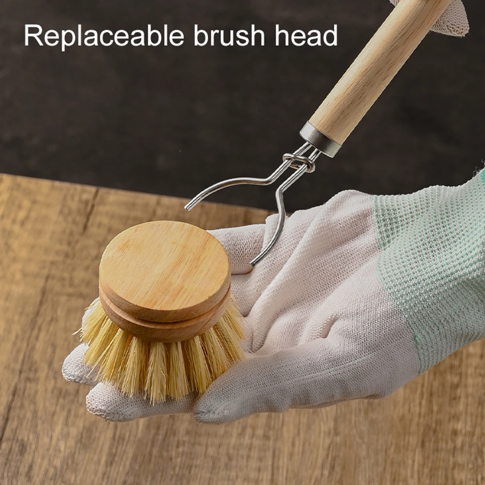 Replaceable Dish Brush Wooden Handle Stain Remove Pot Brush Portable Household Cleaning Scrub Brushes Kitchen Accessories