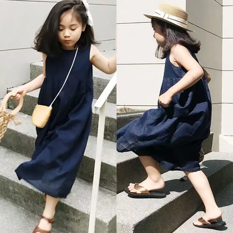 

Girls Temperament Sleeveless Long Dress 2025 New Summer Mori Children's Linen Small Jiangnan Style Navy Blue Dress 110-160CM