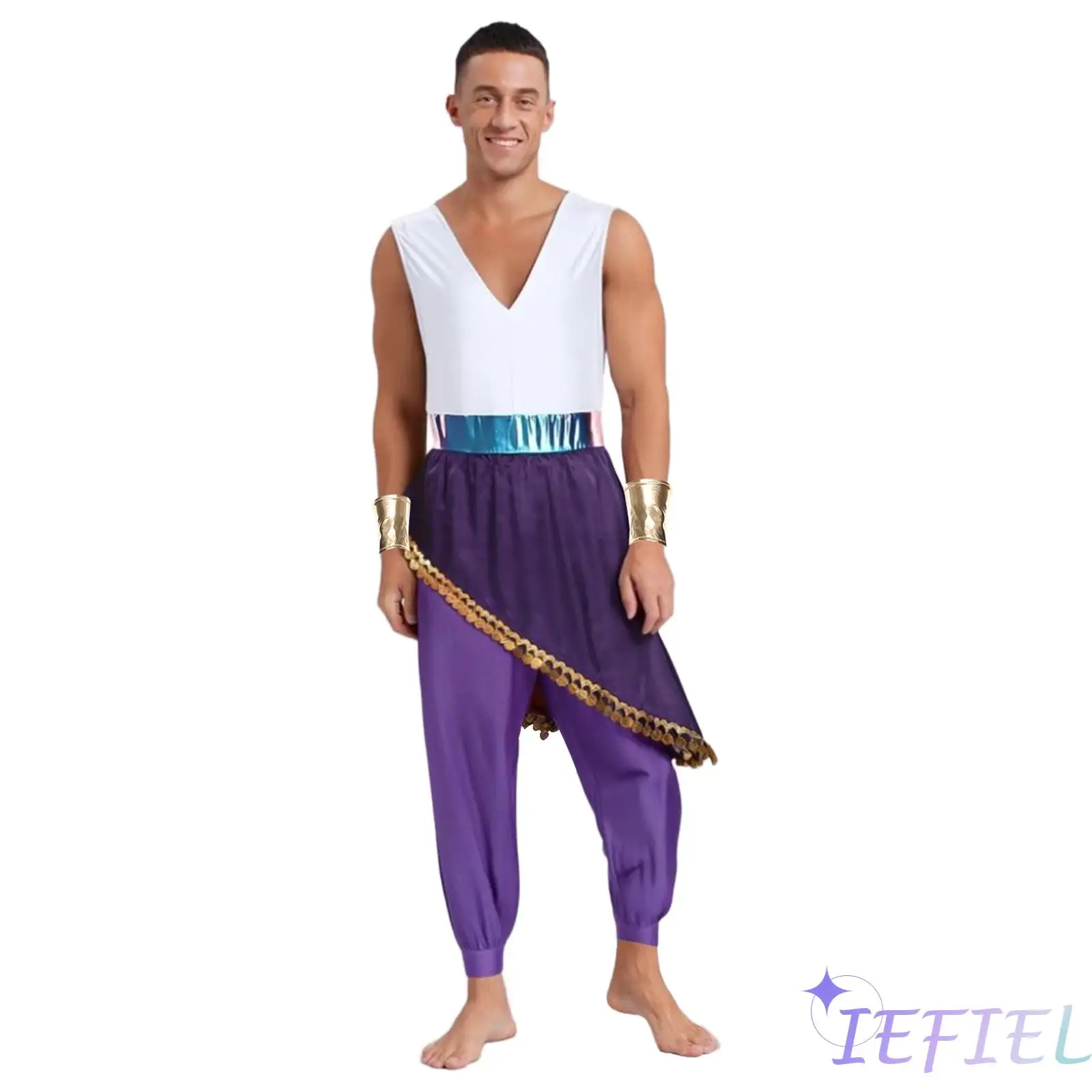 

Opulent Arab Prince Costume for Men V Neck Sleeveless Sequined Color Block Jumpsuit Asymmetrical Design Halloween Royal Attire