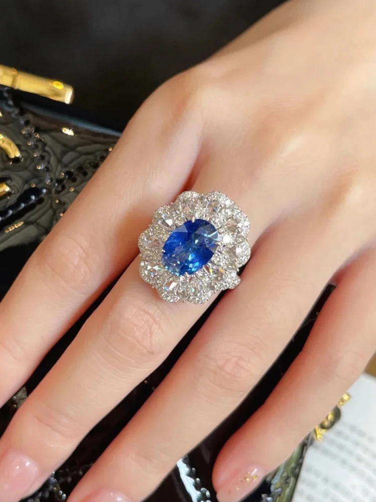 Nouveau en argent 925 plein diamant luxe saphir bague collier exquis fiançailles scintillant bleu fleur fine bijoux ensembles