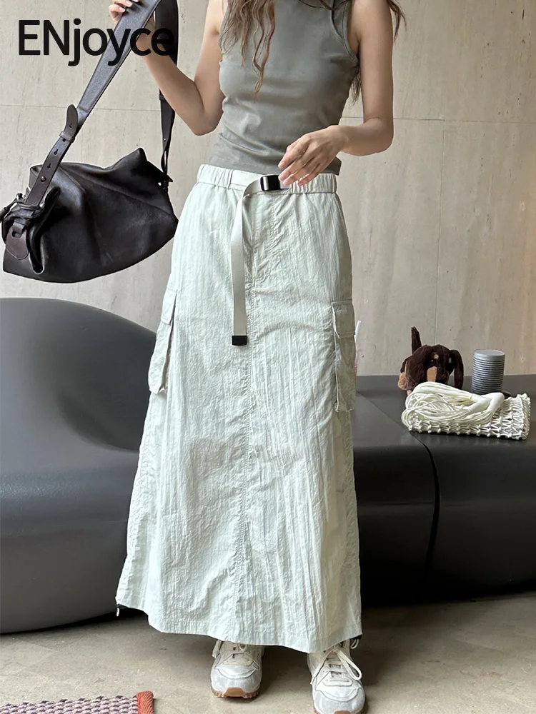 

2024 Summer Women Outdoor Style Pockets Cargo Skirts Ladies Korean Fashion Workwear High Waist A-Line Long Skirt