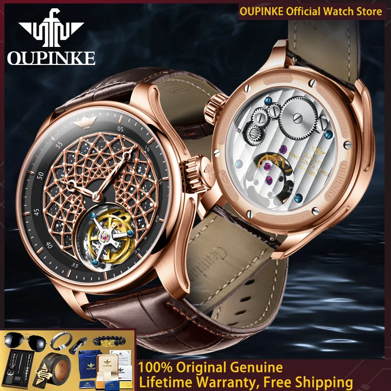 OUPINKE True Tourbillon Men Mechanical Watch High end Luxury Brand All Automatic Watch Original Sapphire Hollow Men Watch 8002