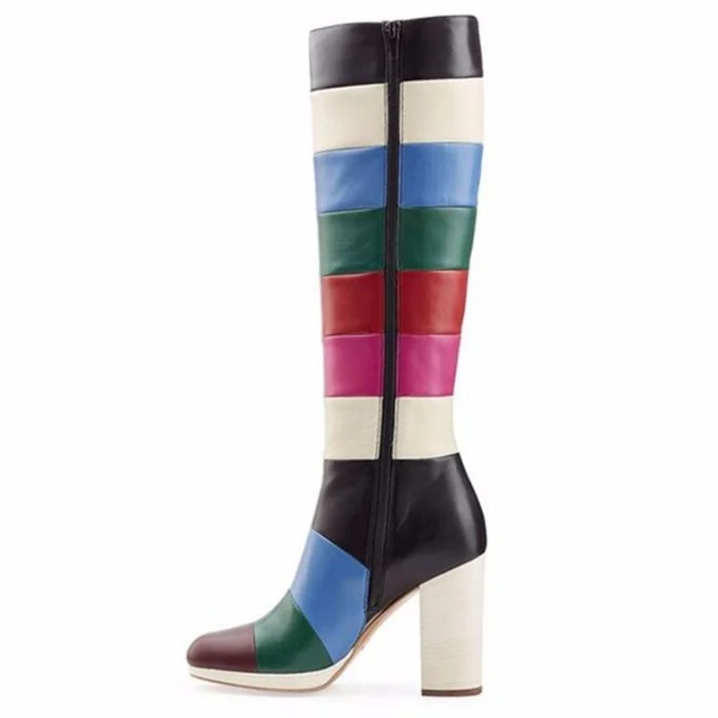 Sexy Chunky Heel Mixed Colors Women Boots Rainbow Colors Round Toe Side Zipper Winter Tall Boots Patchwork