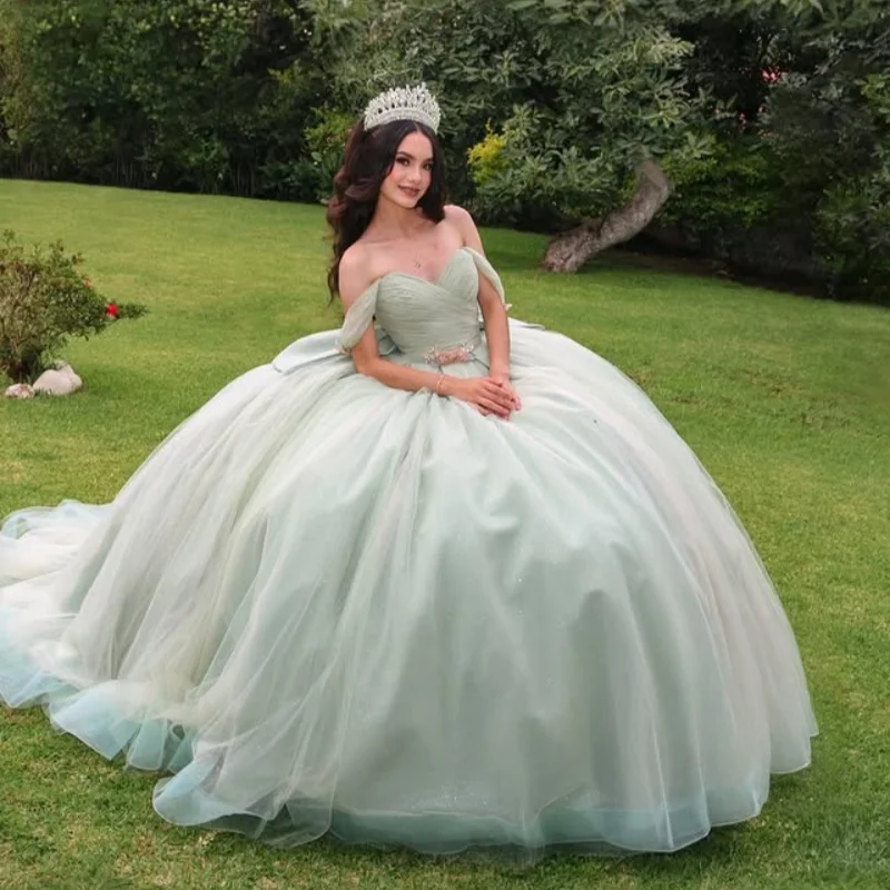 

Mint Green Quinceanera Dress Glitter Decal Long tail off-shoulder Big Bow Vestidos De 15 Quinceanera ﻿Customize