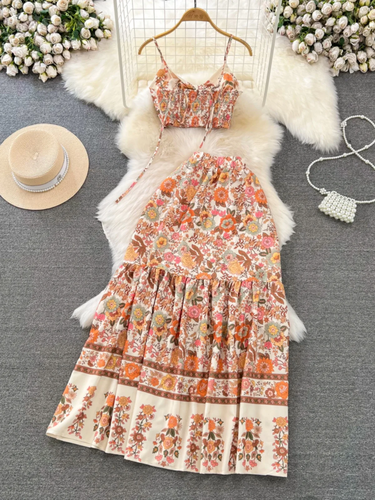 

Beach Vaion Faion Set Strapl Knot Top And High Waist Slim A-Line Skirt Casual Two-Piece Ensemble for Young Women