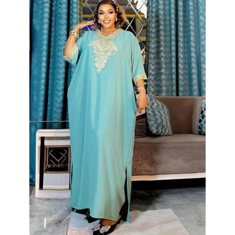 African Dresses For Woman Plus Size Turkey Dresses Luxury Elegant 2024 Women's Clothing Lace Patchwork Dress With Pockets
