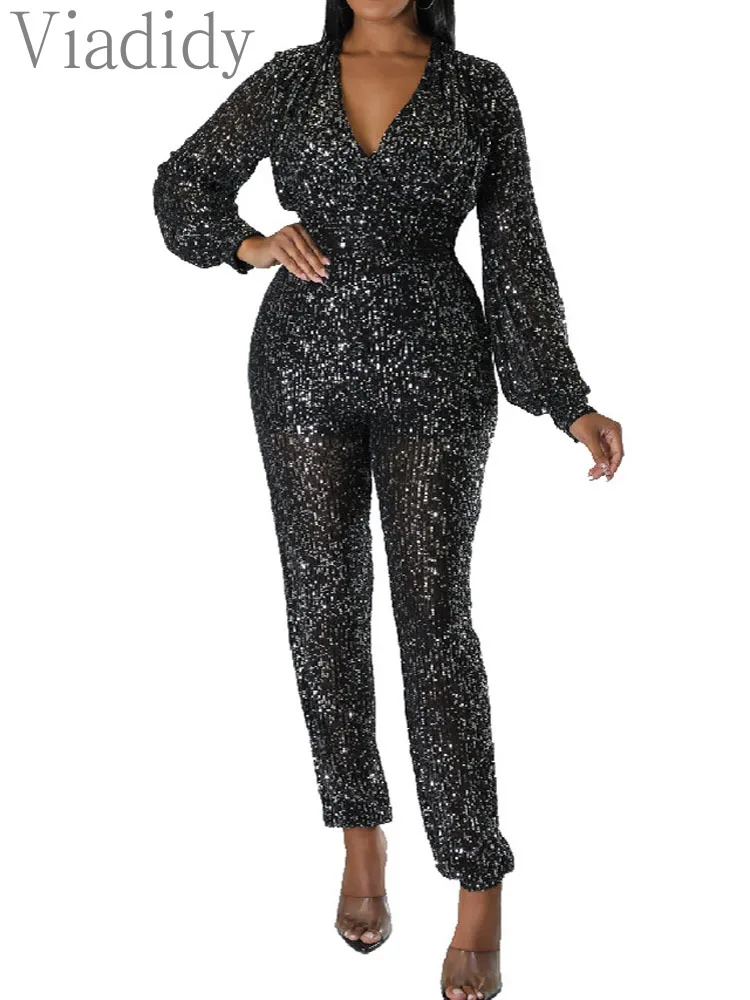 

Women V-Neck Sequined Long Sleeve Slim Fit Jumpsuit