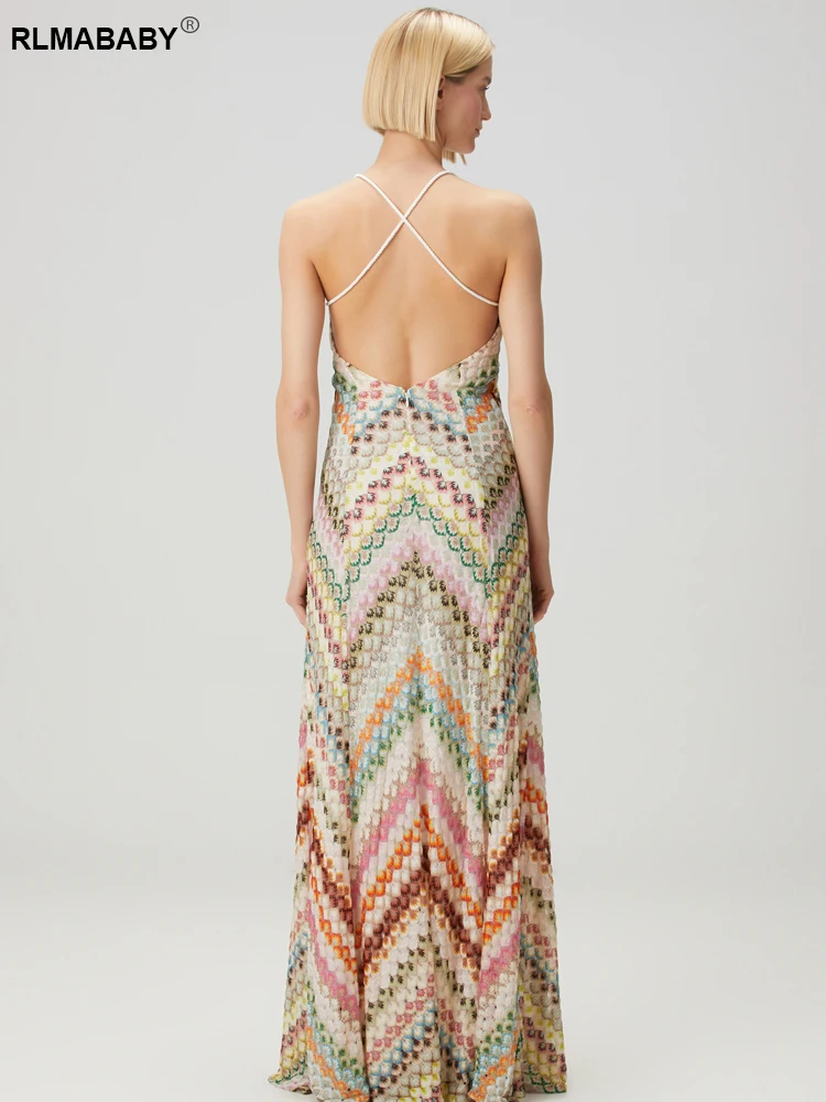 RLMABABY مثير عارية الذراعين السباغيتي حزام المرأة Bodycon فستان طويل ثوب الخامس الرقبة بلا أكمام التباين اللون البوهيمي سليم ماكسي فستان