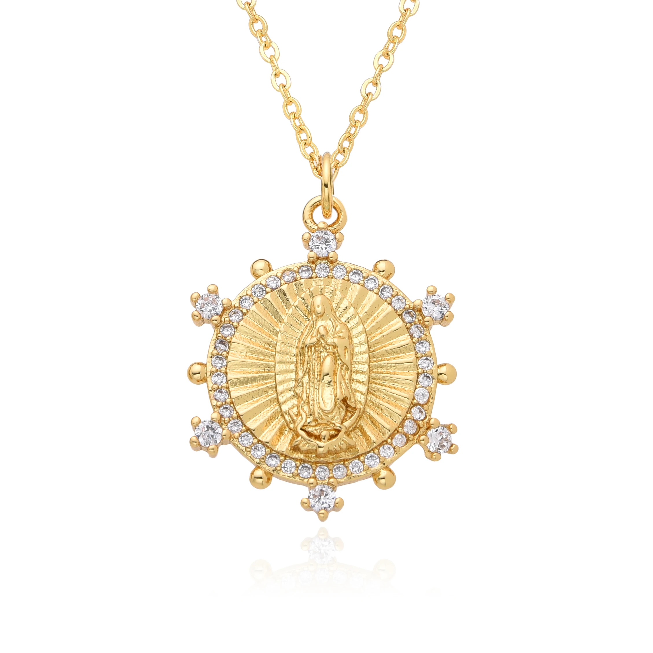 Gold Color Round Guadalupe San Judas St. Benedict Charms Cubic Zirconia Virgin Mary St. Jude Necklace for Women Pendant Jewelry