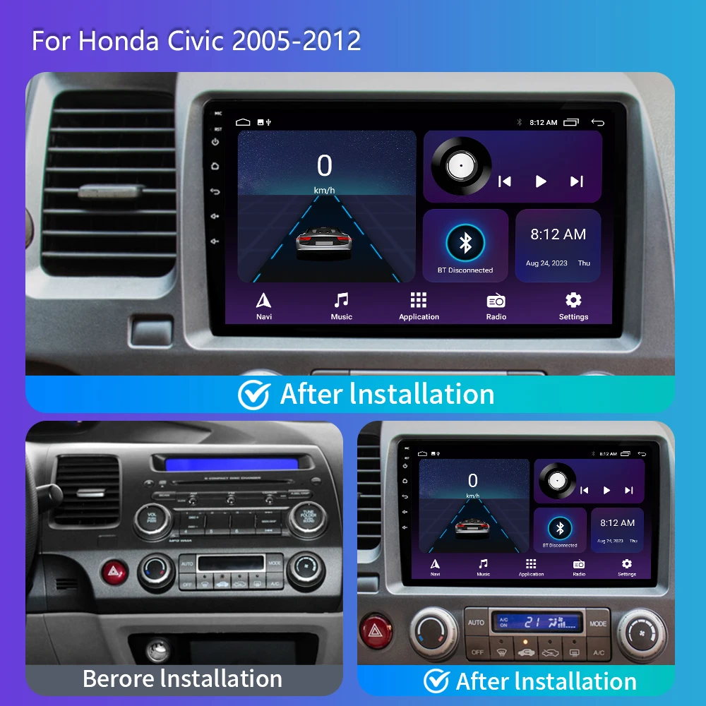 Leitor de vídeo multimídia carro para Honda Civic, Android, 4G, rádio, navegação GPS, unidade principal, 2Din, 9in, DSP, estéreo, DVD, unidade principal, 2005-2012