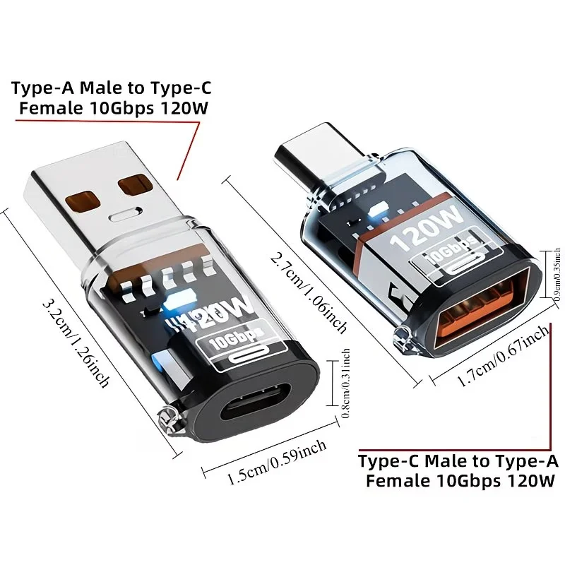 USB3.2 Adapter 10Gbps(2 Pack), 120W USB C Female to USB Male/Usb Type-C Male to USB Female Adapter OTG Fast Charging with Double