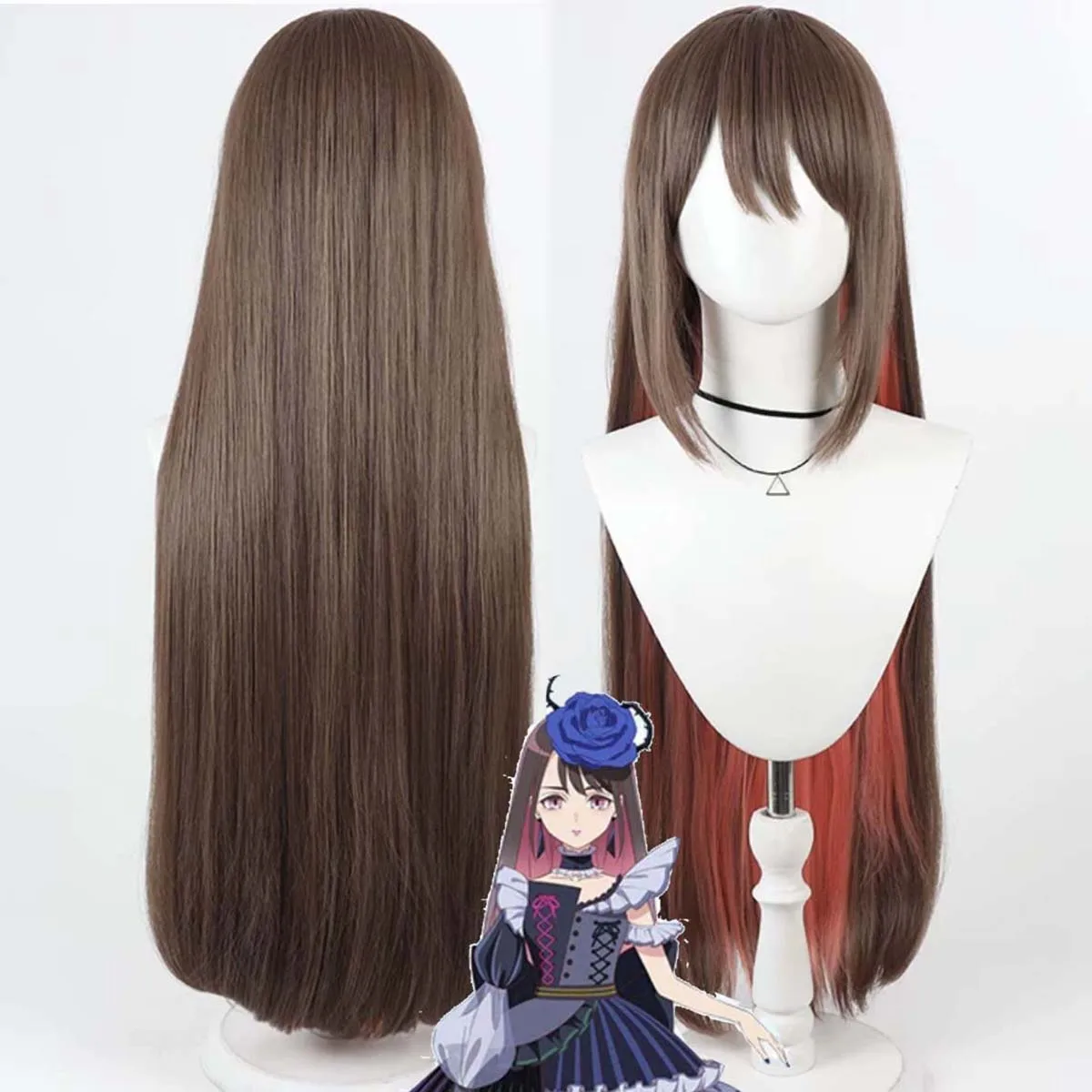 Women Anime Maebashi Witches Zen Eiko Cosplay Wig 90cm Brown Inner Red Gradient Long Straight Heat Resistant Synthetic Hair