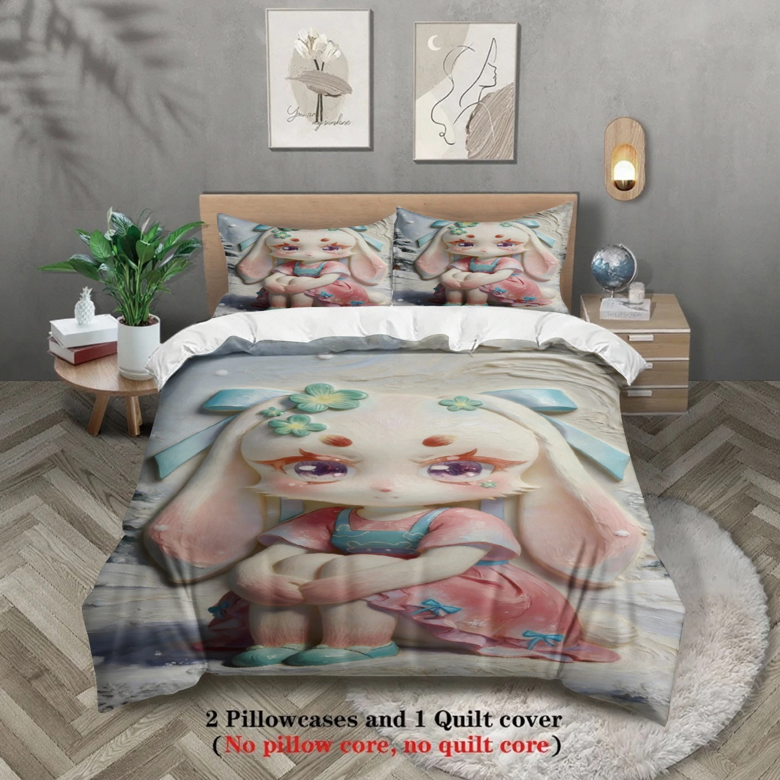 Softville Cozy Town 3PCS Bedding Sets Lop Rabbit Sitting On Ground Pint Duvet Cover No filling Cartoon Style Queen King Size