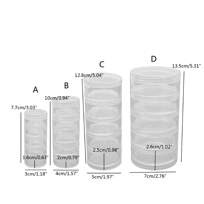 E15E 5 ชั้นกระบอก STACKABLE ลูกปัดคอนเทนเนอร์พลาสติกกลมใสจัดเก็บกล่องพร้อมฝาปิดสำหรับ Make Up Nails