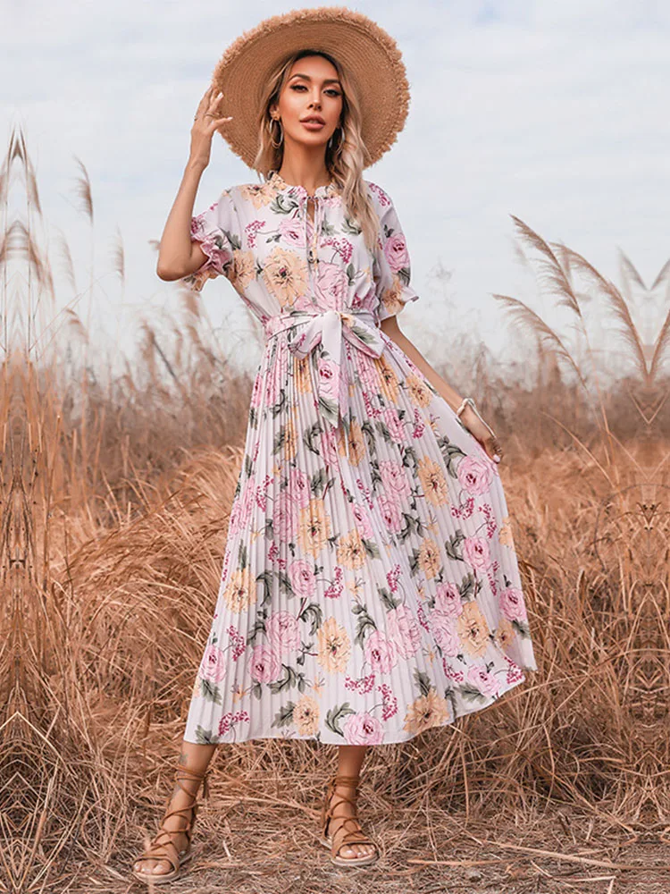 Msfilia Summer Printed Ruffle Short Sleeve Double Drawstring Pleated Dress A Line All Match Fashion Long Women image 6