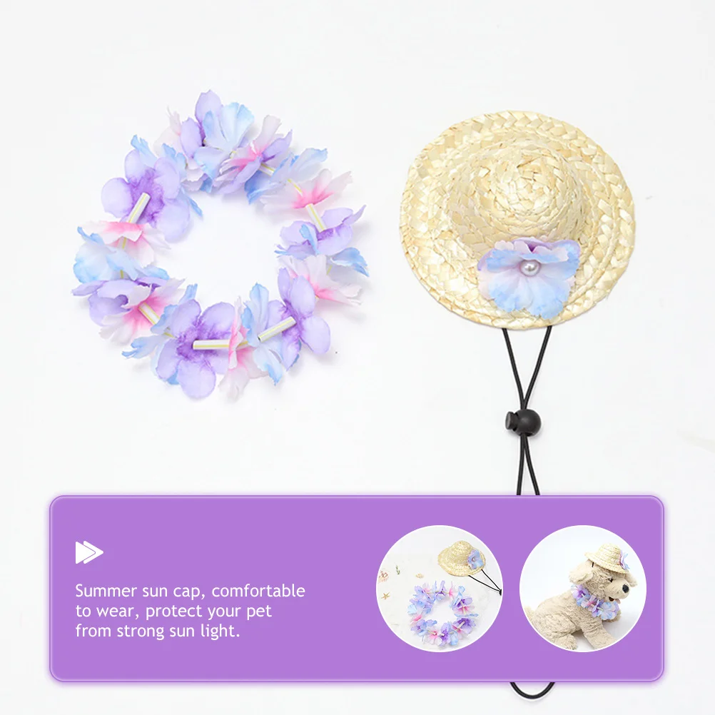 

2Pcs Dog Cat Sun Hat Hawaiian Pet Costume for Summer Outdoor Activities Breathable Straw Hat with Neck Wreath for Small Animals