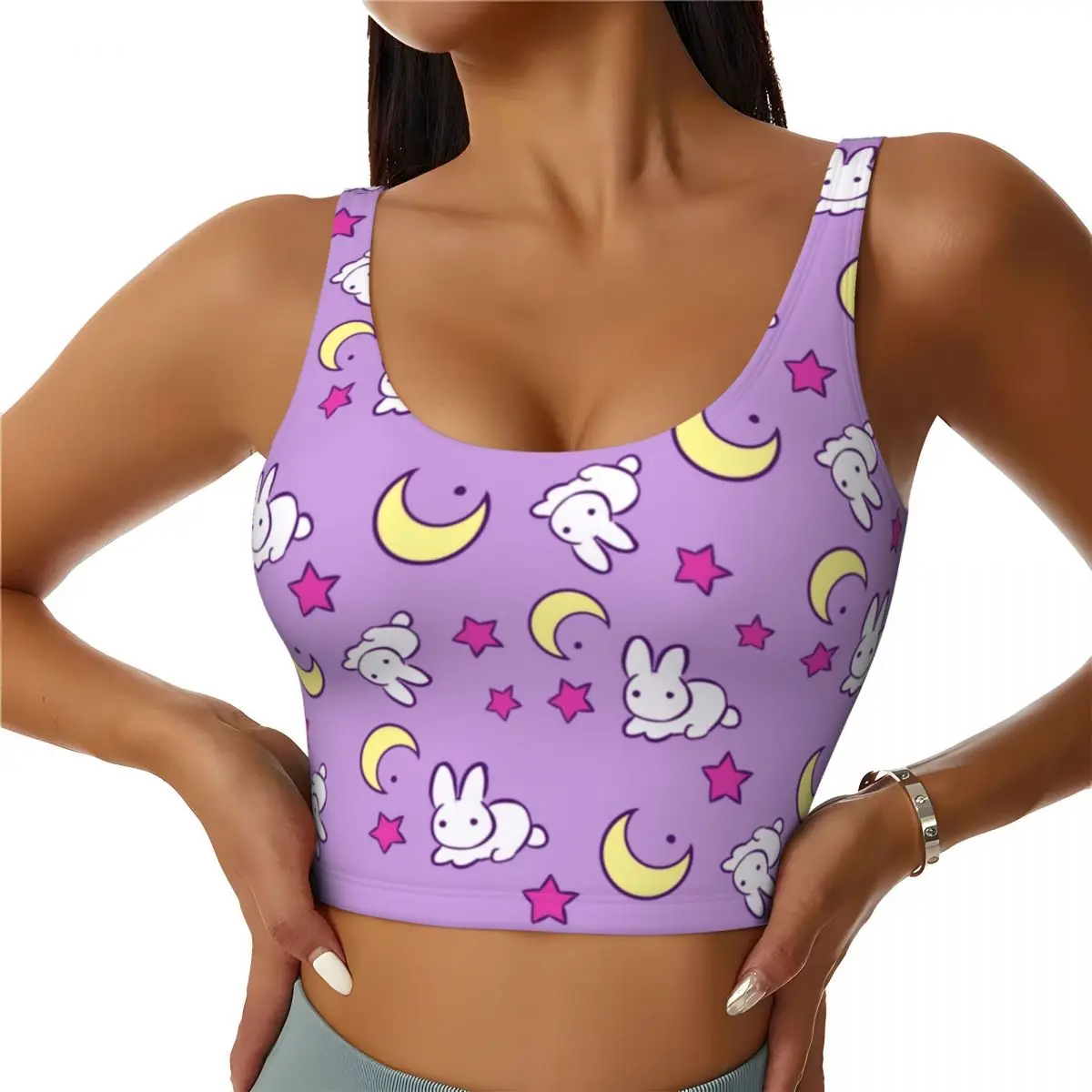 Custom Bunnies And Moons Sports Bra Women Japanese Anime Kawaii High Impact Workout Yoga Crop Top