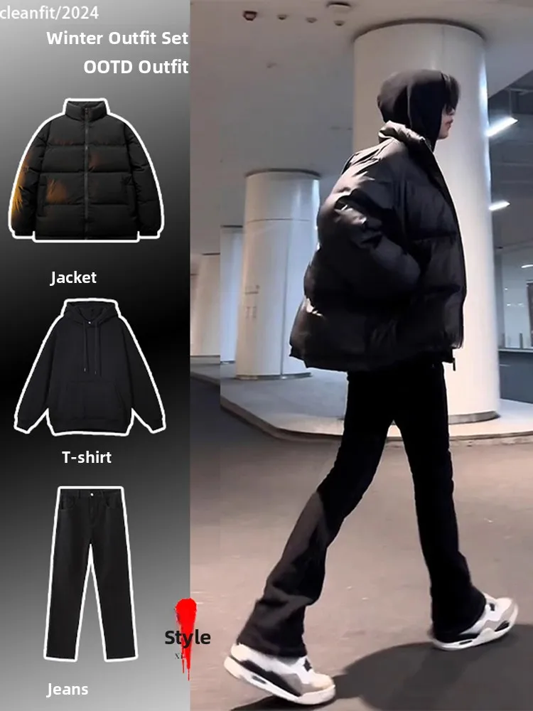 

Black Fleece Lined Straight Leg Jeans Men's Winter Fashion High Street Vibe Wide Leg Pants mid High Waist Cotton Polyester Blend