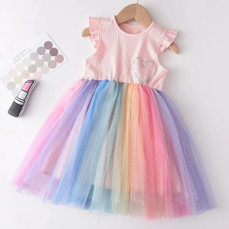 Summer New Sweet and Cute Rainbow Round Neck Flying Sleeve Mesh Princess Dress for Girls Aged 2-6 Korean Version
