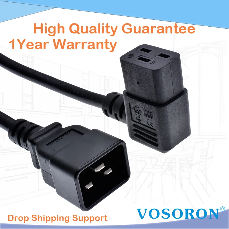 IEC320 C20 to Right Angle C19 Power Cable Cord for Server/PDU 16A Heavy-Duty Computer Power Cord L-shaped