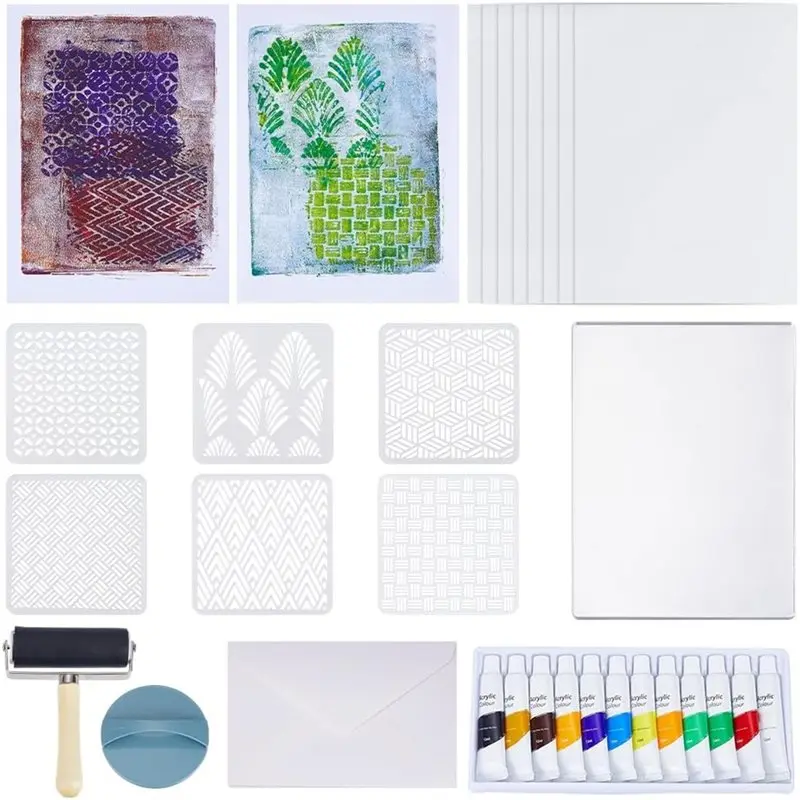 

2025 Trend Gel Printing Plate Kit 5X7 Inch Reusable Gelatin Plate,Stencils& Acrylic Paint- Essential Tool For Printmaking Suppli