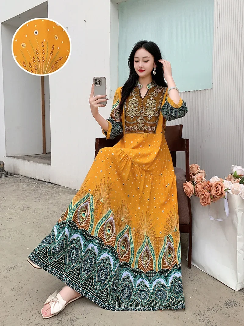 Summer Autumn Robe Maxi Long Dress Women Indian Clothes Boho Cotton Print Floral Boho Korean Style Fashion Casual Vestido Largos