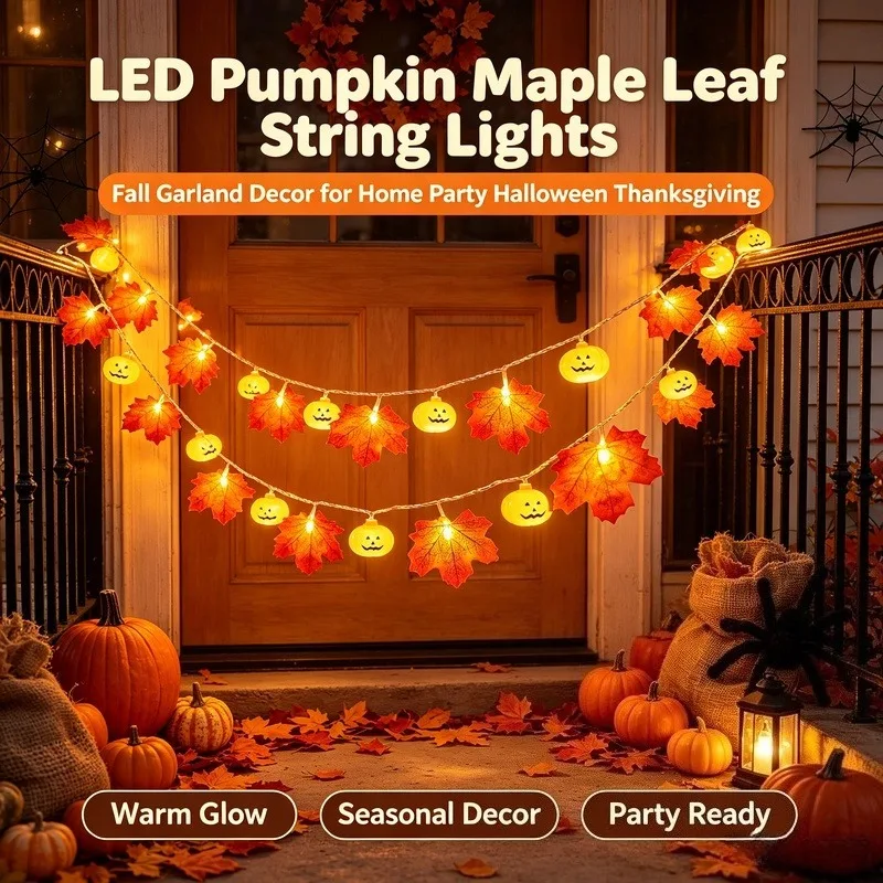 LED Harvest Pumpkin Maple Leaf String Lights for Fall Home Thanksgiving Halloween Party Decor