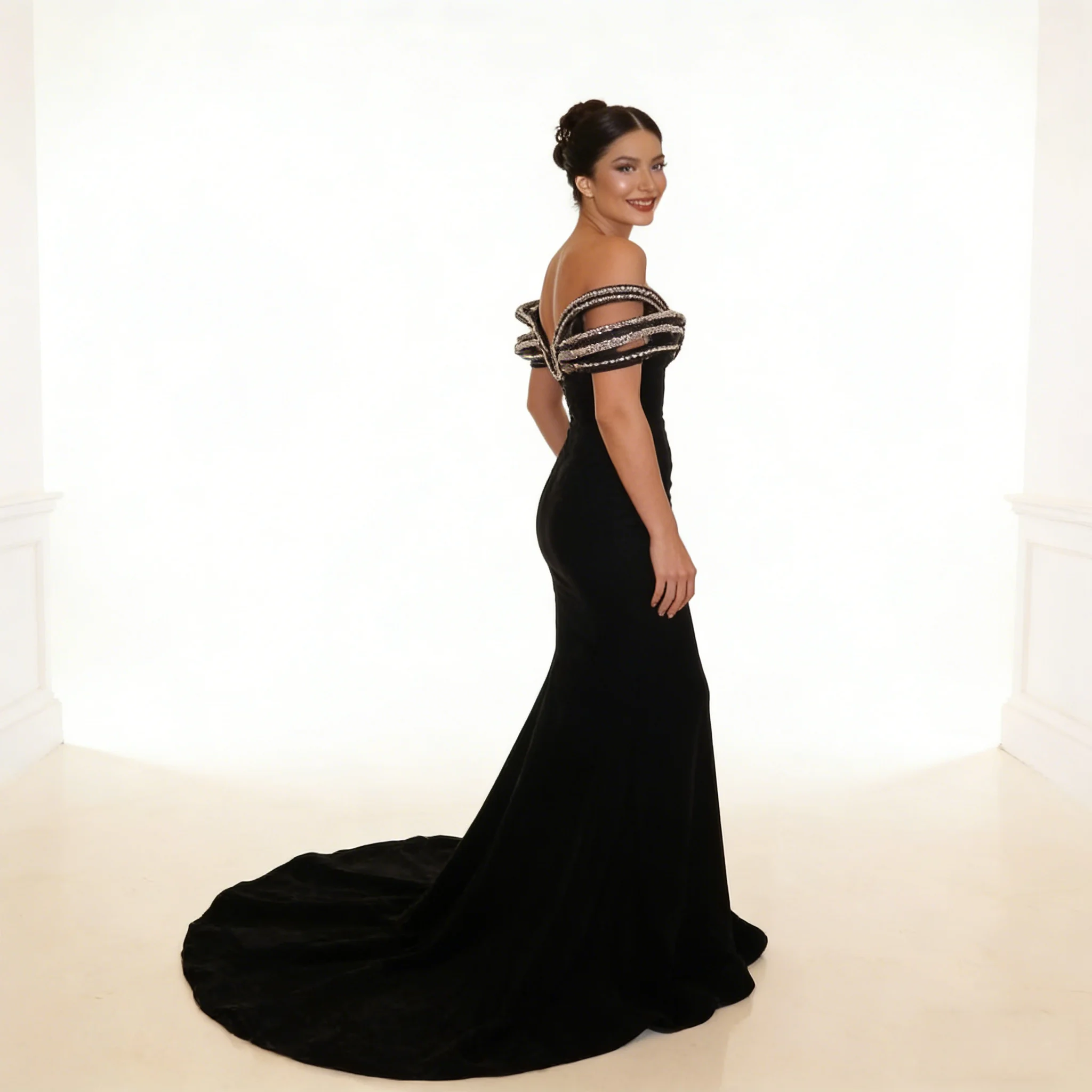 Luxurious Beaded 3D Ruffle Evening Formal Party Gowns Dubai Velvet Mermaid Prom Dress Long Train Black Wedding Reception Dress