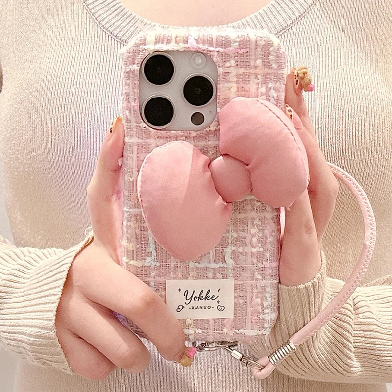 Fashion Pink Plush Weave Texture Bowknot Case For iPhone 16 Pro Max 15 13 14 12 Soft Fabric Phone Back Cover