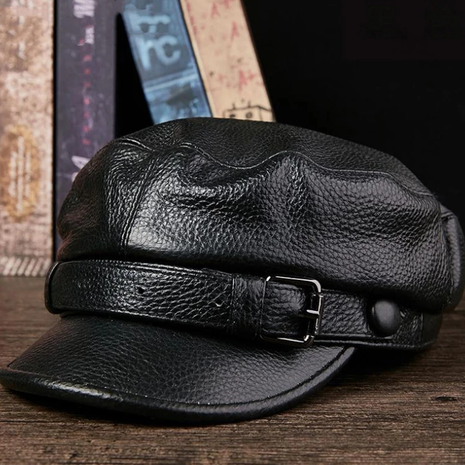 2024 Brand Military Hat Sailor Men Brown Genuine Cow Leather Winter Baker Boy Caps Male Belt Top Quality Captain Hat