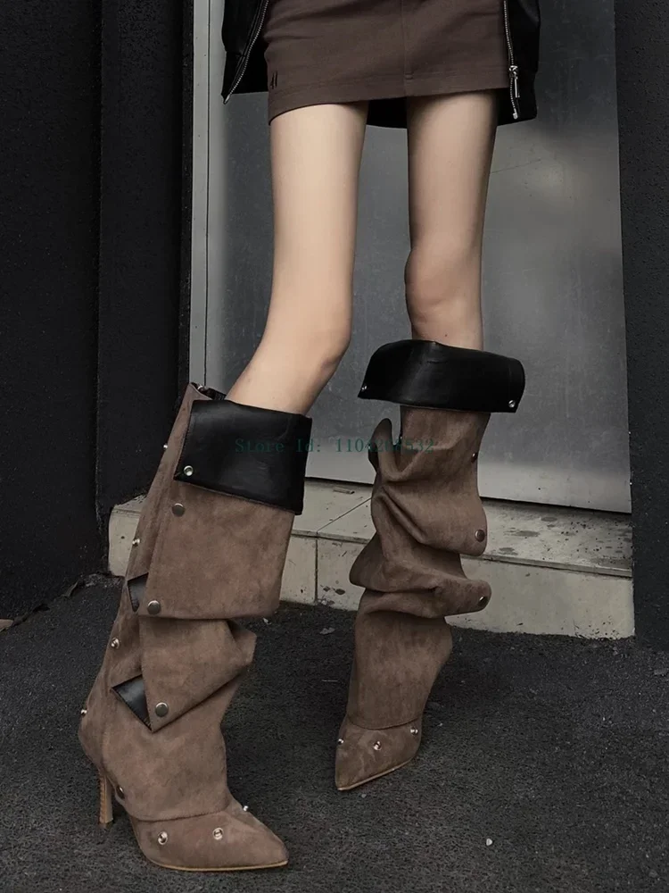 

Button Decor Tum Over Patchwork Boots Knee High Pointed Toe Thin Heel 2025New Arrival Modern Boots Winter/Spring/Autumm