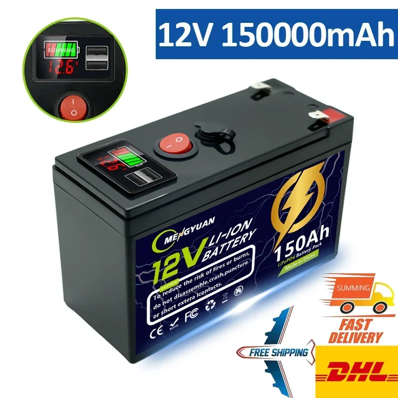 

12V 18650 Lithium Battery 150Ah LiFePO4 4000+ Deep Cycles Built-in BMS,for UPS, Kayak Fish Finder, Solar Panel,Power Wheels