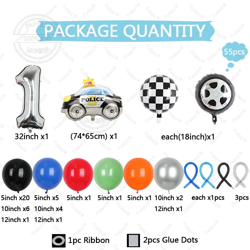 55pcs Police Car Birthday Balloons Giant Car Police Foil Balloon 32inch Number Balloon 3th 4th Birthday Police Themed Party