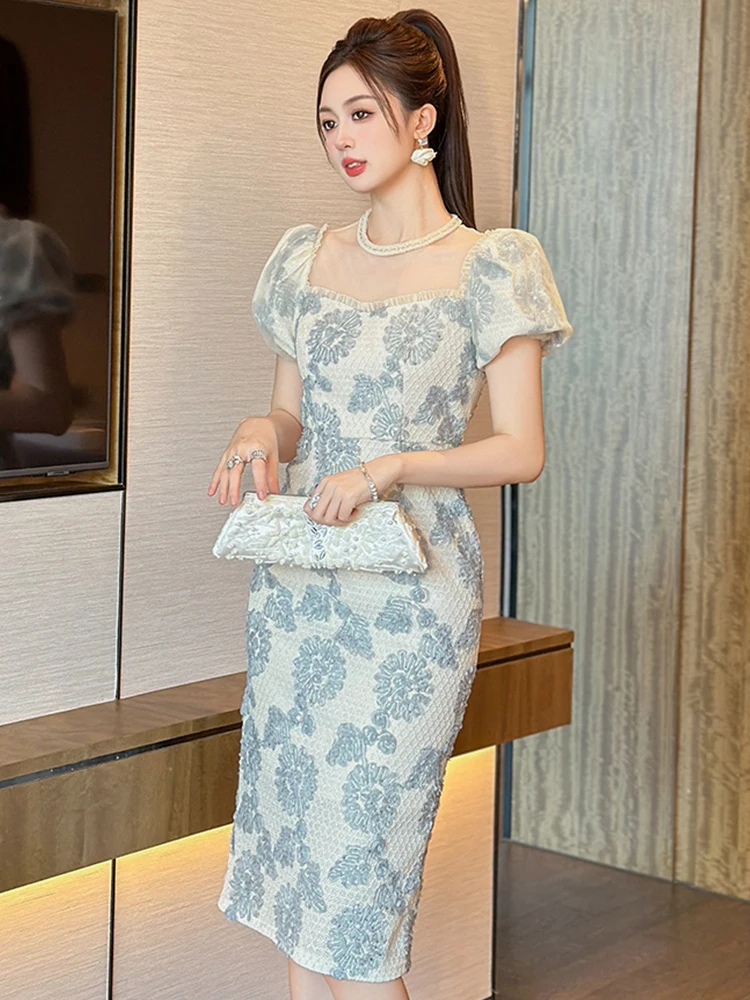 Women Clothes Lace Floral Embroidery Sheer O-Neck Slim Midi Pencil Dress Elegant Lady Fashion Vestidos Robe Formal Occasion New