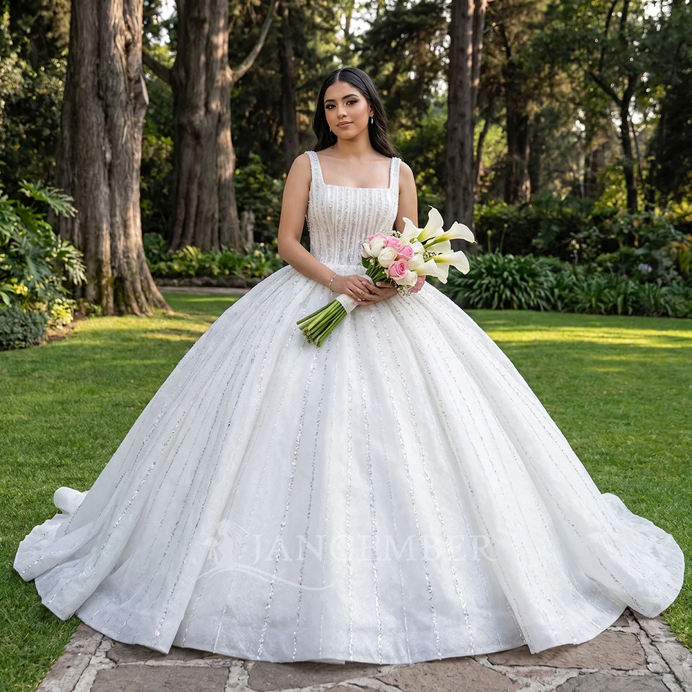 

Длинные свадебные платья на заказ с кружевной отделкой, элегантные свадебные платья, платья для выпускного бала, платья для 15-летних, бальные платья с квадратным вырезом и кристаллами.