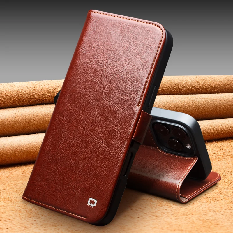 Magnetic flip high-end cowhide protective cover For iphone 16 Portable card slot wallet Fall prevention Phone Case For iphone 15