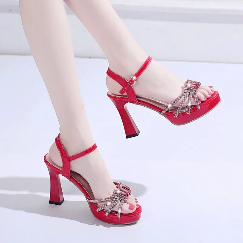

Women's Summer Shoes Platform Sandals 2026 Fashion High Heels Sandal Ladies Heeled Shoe Red Peep Toe Rhinestone Wedding