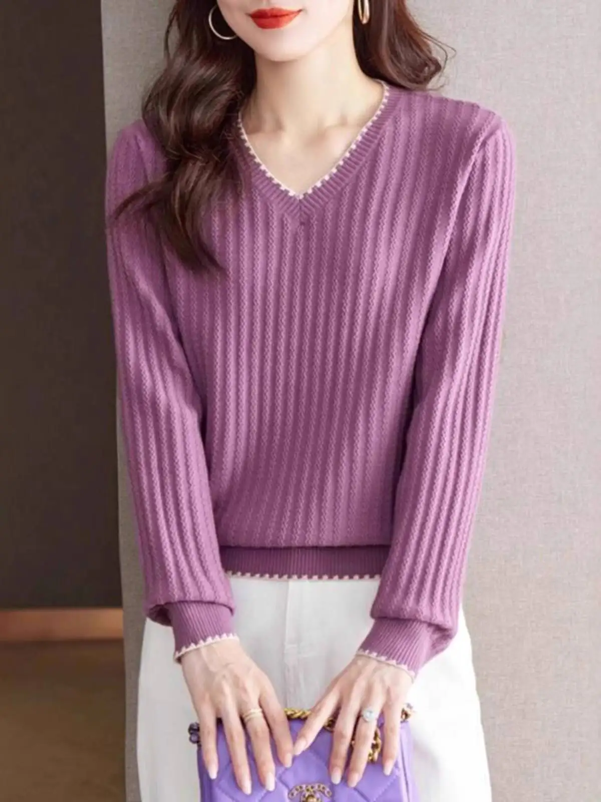 Women Sweater 2025 New Women's Autumn Winter Long Sleeve T Shirt V Neck Knit Top Loose Fit Age Reducing Fashion Inner Wear 4