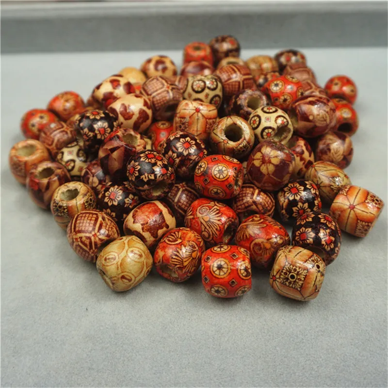 100pcs Printing Wooden Beads Spacer Round Big Hole Wood Beads For Necklace Bracelet Charms Diy Jewelry Making