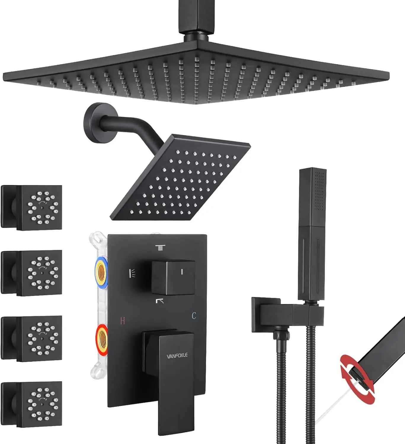 Vanfoxle Shower Faucet Set Matte Black Shower System,Four Modes Shower Faucet With 2 In 1 Handheld,Ceiling Mount 10 Inch Shower