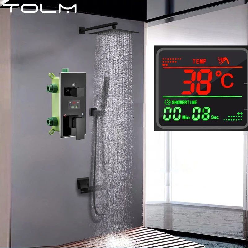 WALL Black Constant Temperature Rainfall Shower Hand held Sprinkler Inlet Water Holder Filling the Bathtub spout Bathroom Faucet