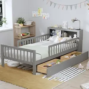 Kids Platform Bed with Storage Headboard, Twin Size Kids Bed with 2 Under-Bed Drawers and 3-Side Guardrails (Grey)