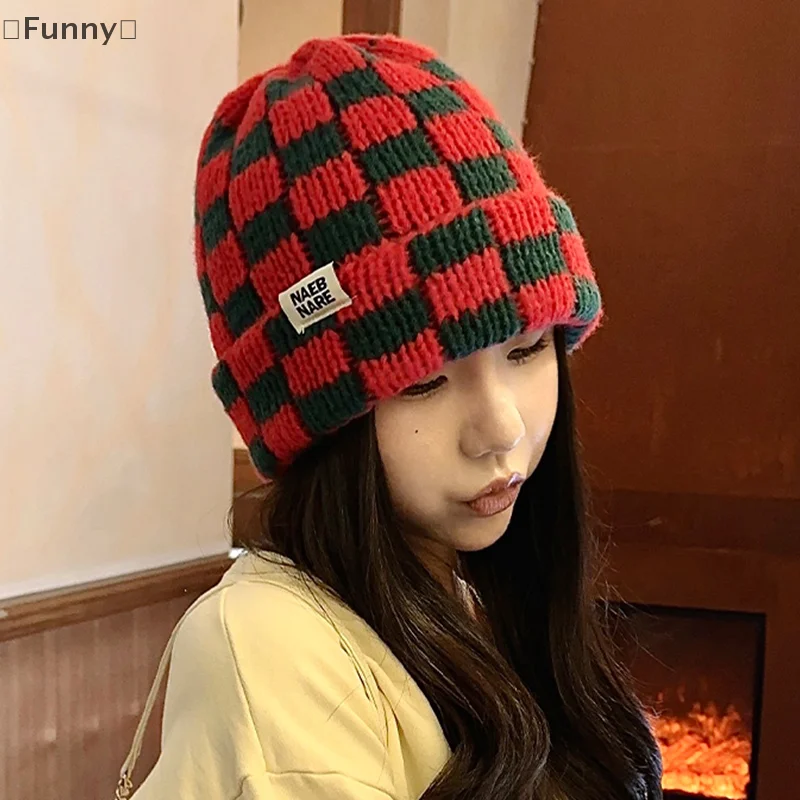 〔Funny〕Checkerboard Plaid Knitted Hat For Women Autumn Winter Korean Style Wool Hat Japanese Style Face-enhancing Small Hat