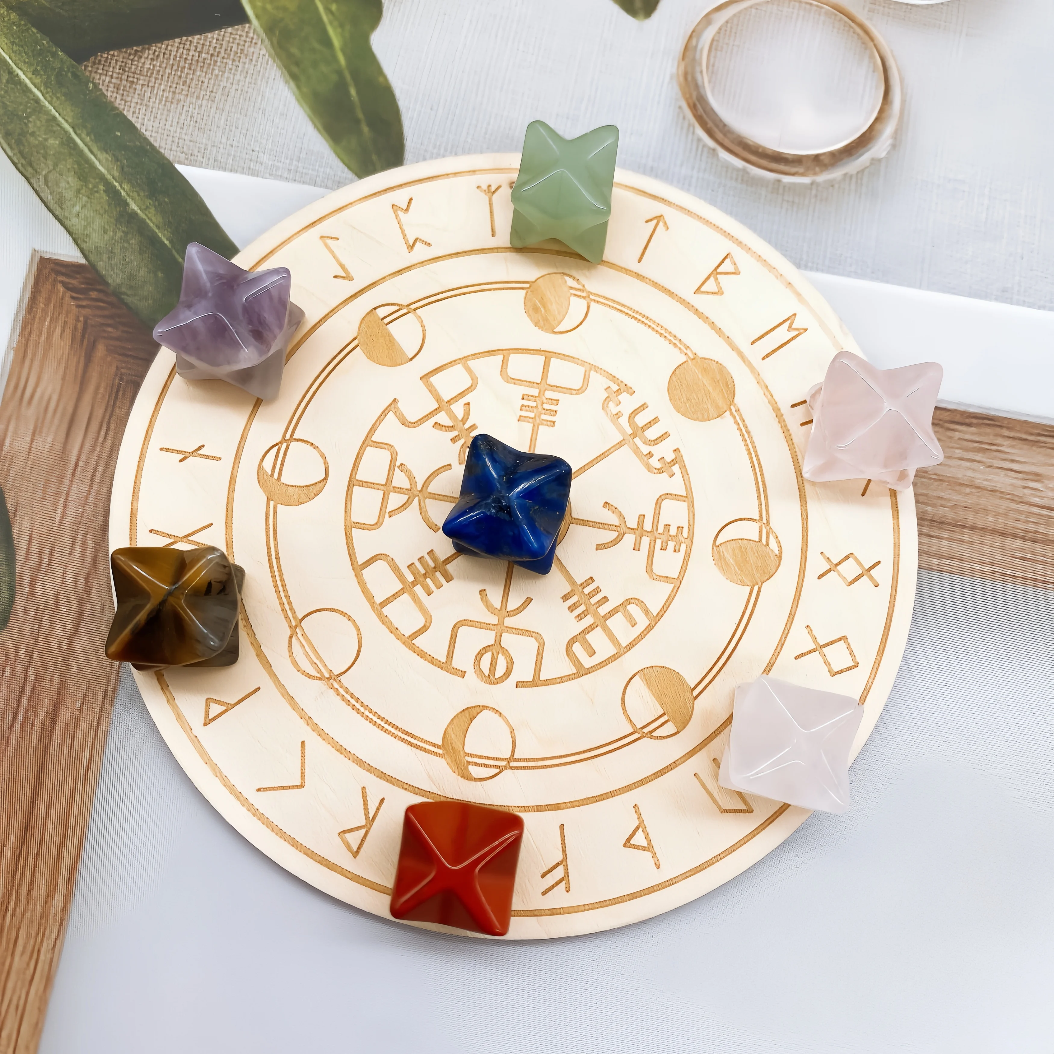 

Natural Chakra Merkaba Star Magic Wooden Plates Crystal Quartz Stone Healing Energy Gravel Yoga Meditation Home Decor Gift