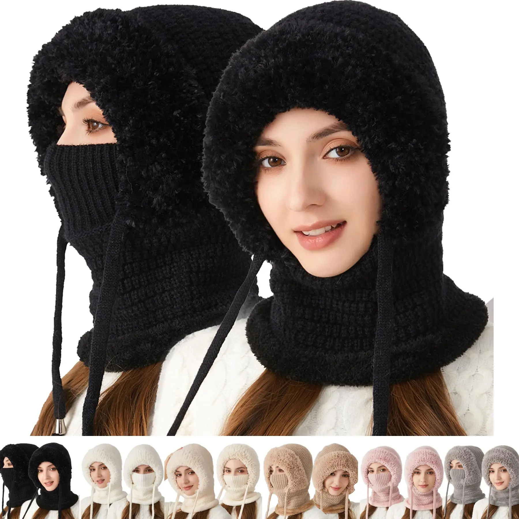 

Women Winter Character One Piece Neck Warmer Windproof Fleece Lined Thickened Warm Large Head Knitted Acrylic Hat Drawstring