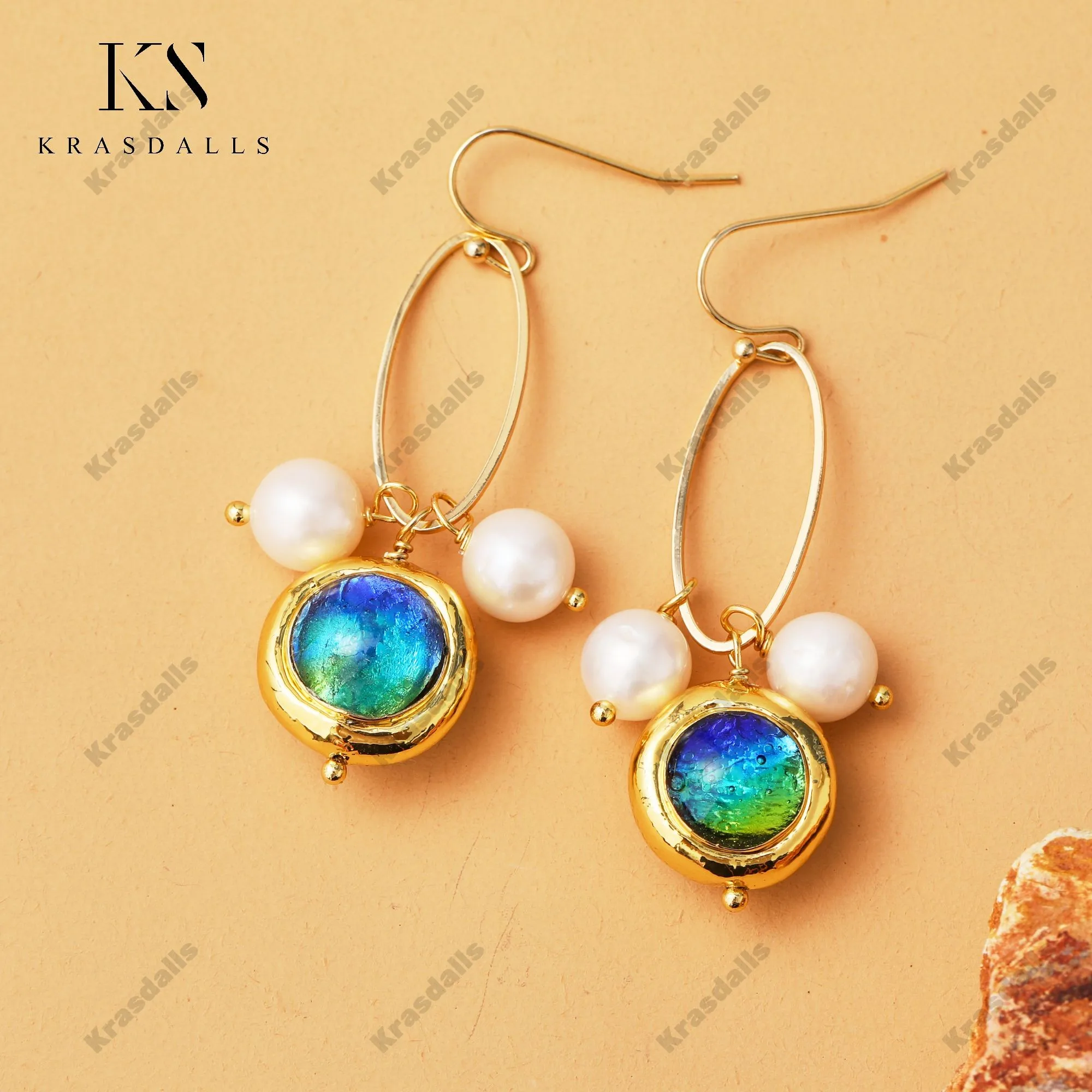 

Newest White Round Pearl Gold Plated Bead Blue Murano Glass Dangle Earrings Wedding Jewelry