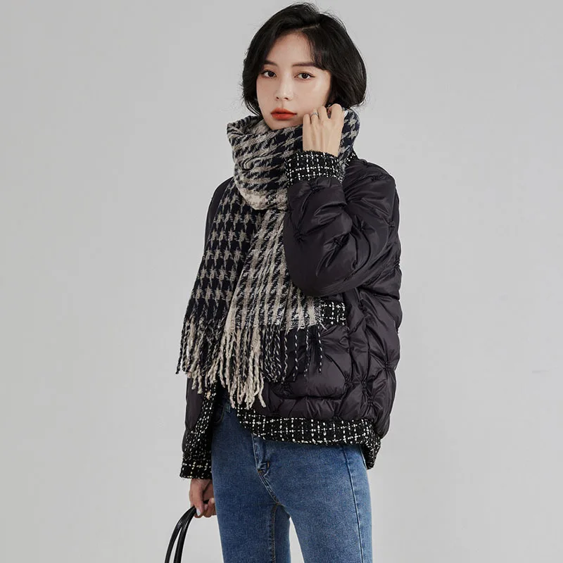 Autumn Winter Down Jacket V-Neck Patchwork Lightweight White Duck Down Coat Women Quilted Long Sleeve Top Design Clothing Trend