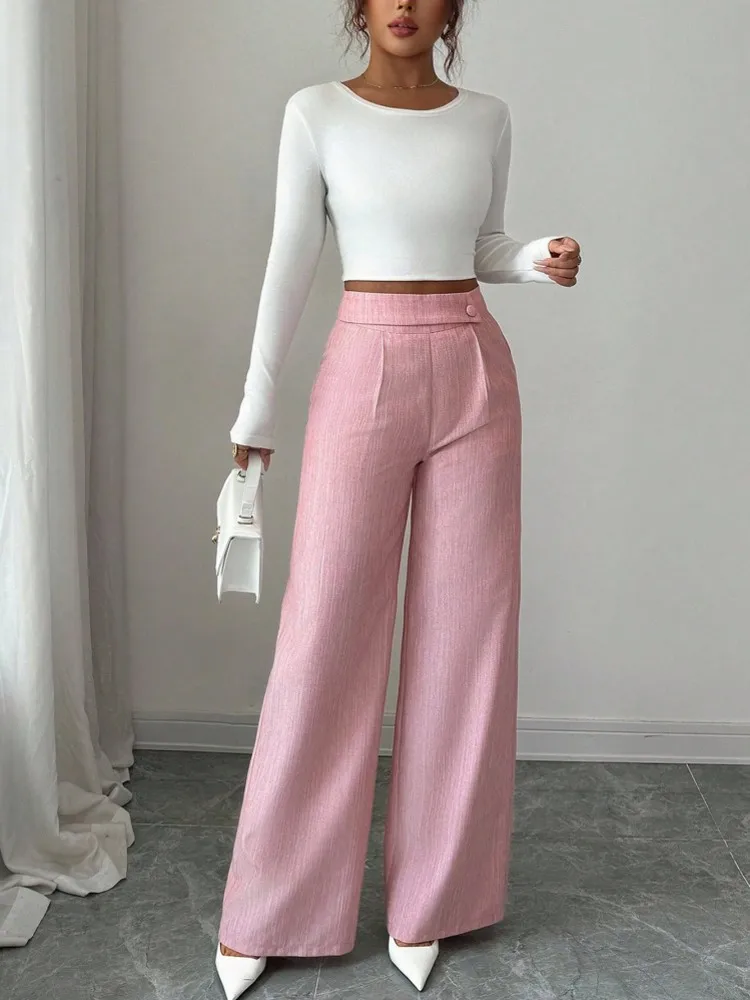 Damskie błyszczące różowe spodnie capri z wysokim stanem, spodnie do pracy biurowej, damskie spodnie o pełnej długości, jesienne spodnie capri, wiosna-lato 2026