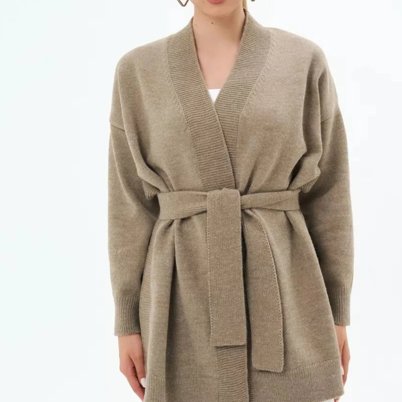 كبيرة الحجم عارضة سترة البلوزات المرأة أنيقة الأبيض محبوك معطف قمم خمر طويلة الأكمام الخامس الرقبة سترة سترة مع حزام #5